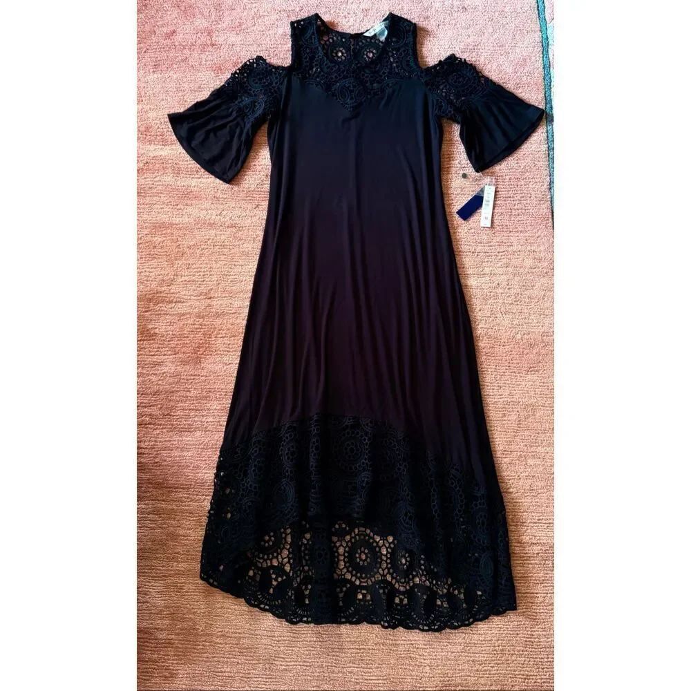 NWT Peter Nygard black cold shoulder crochet trim maxi dress boho elegant